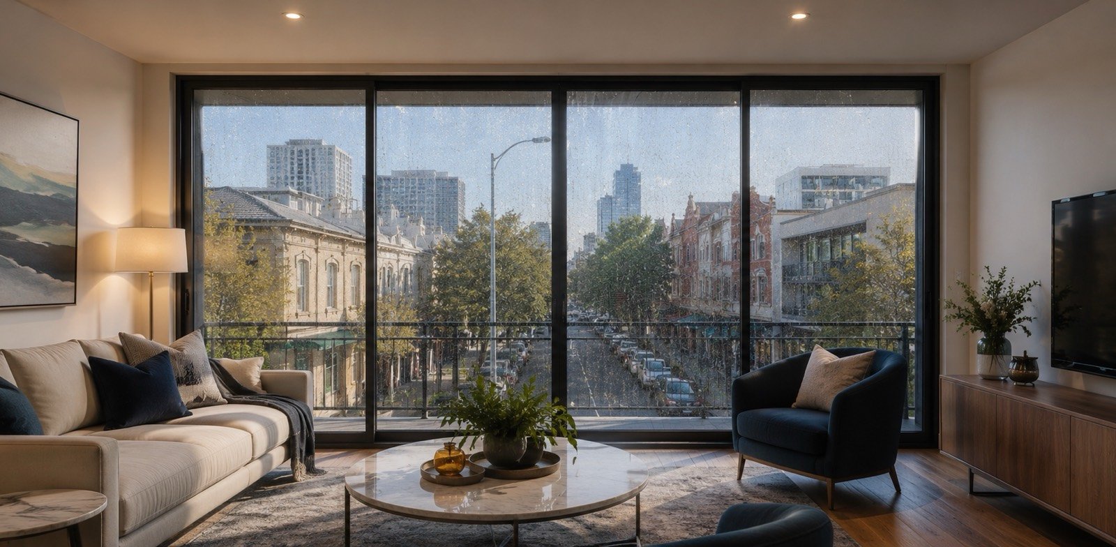 A living room window before cleaning: the glass is covered in dried water spots and grime.